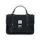 Black textured handbag with a strap on a white background