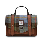 Plaid handbag with brown leather straps and a visible brand label on a white background