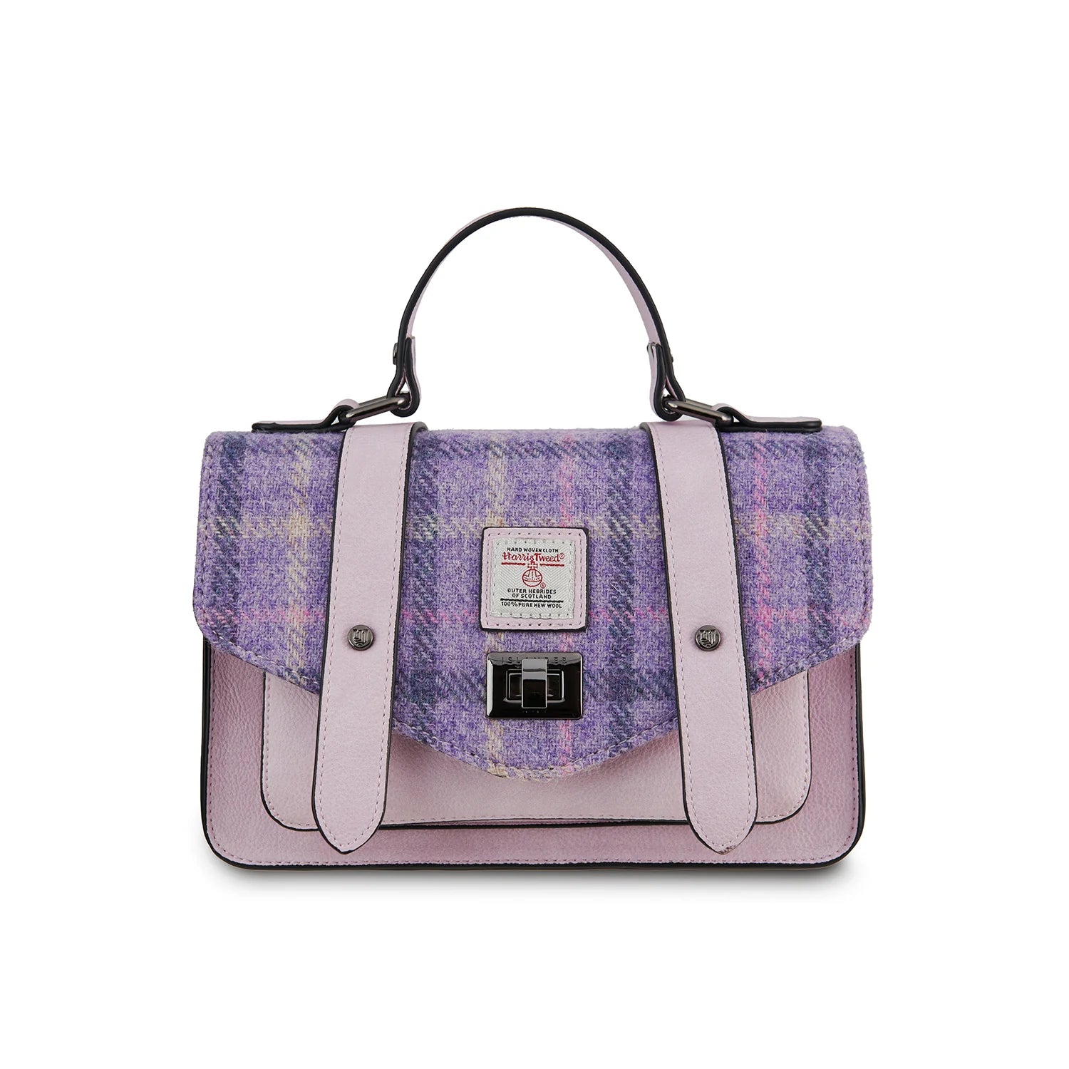 Purple Tartan handbag with a visible brand label on a white background