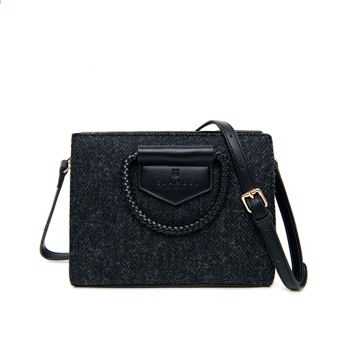 Black textured handbag with a braided detail on a white background