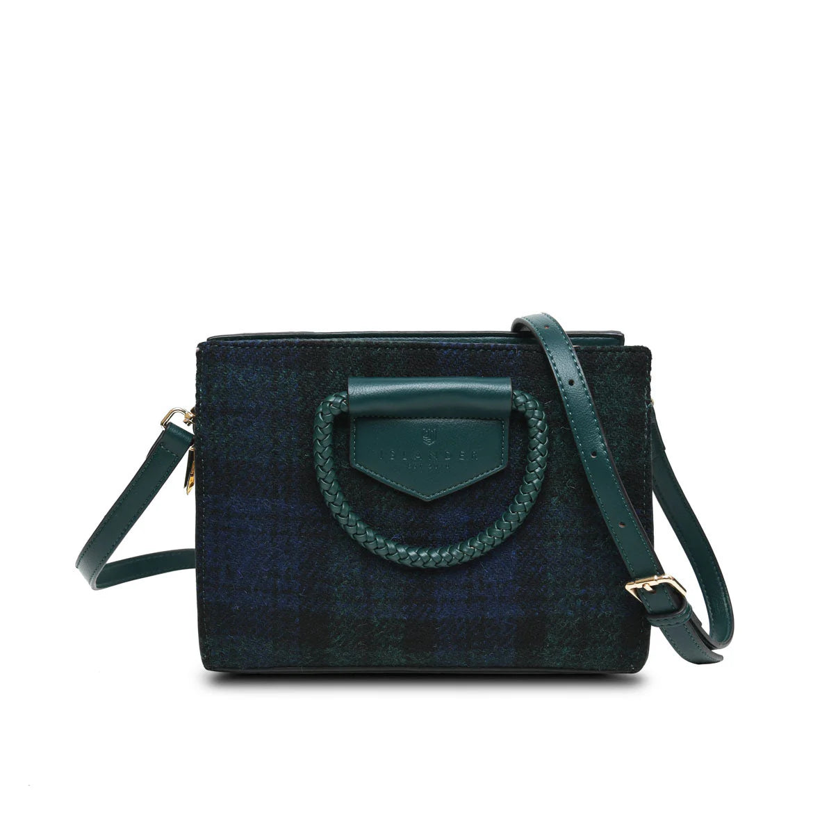 Green handbag with plaid pattern on a white background