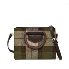 Harris Tweed handbag with plaid pattern and brown leather accents on a white background