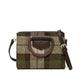 Harris Tweed handbag with plaid pattern and brown leather accents on a white background