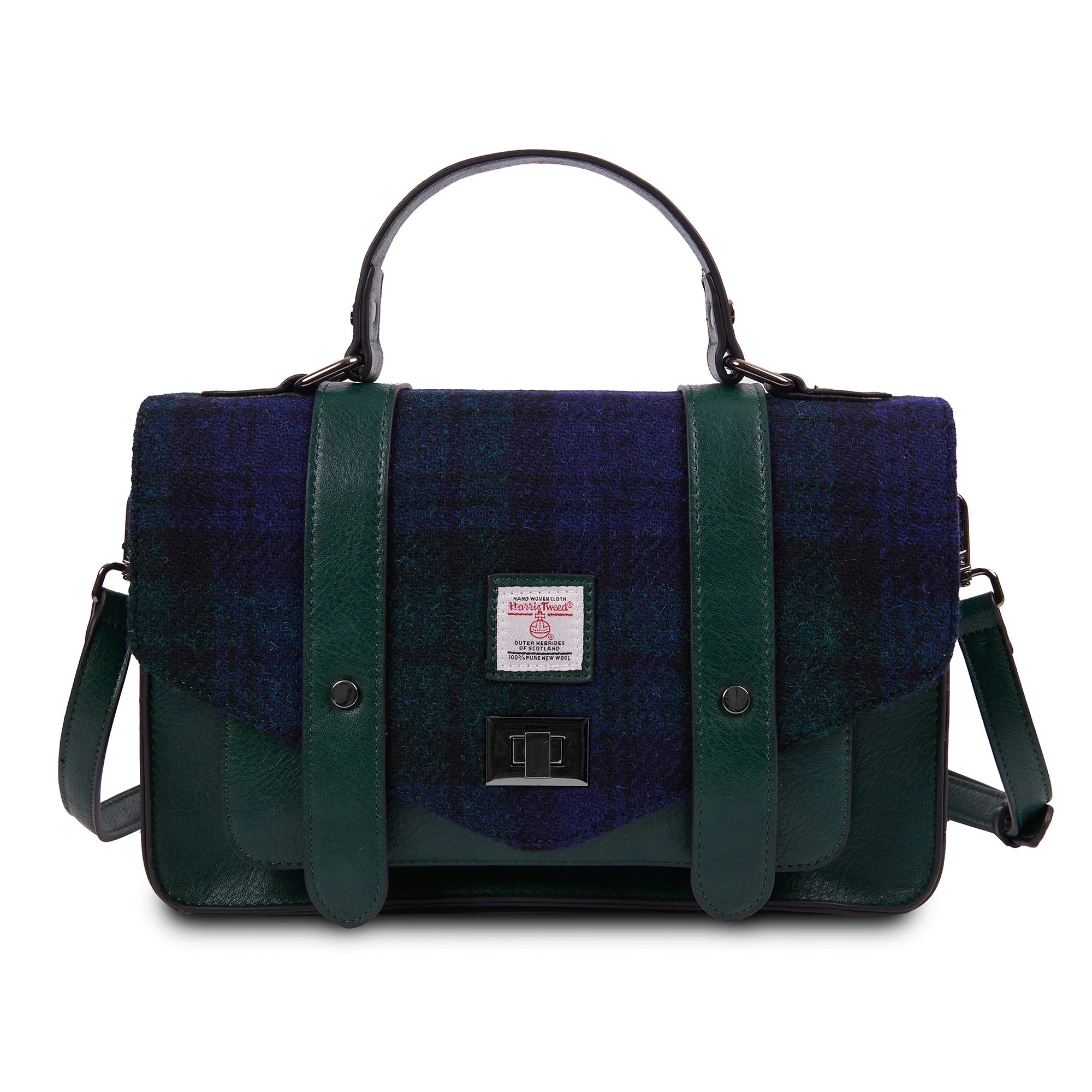 Green and blue checkered bag with a visible brand label on a white background