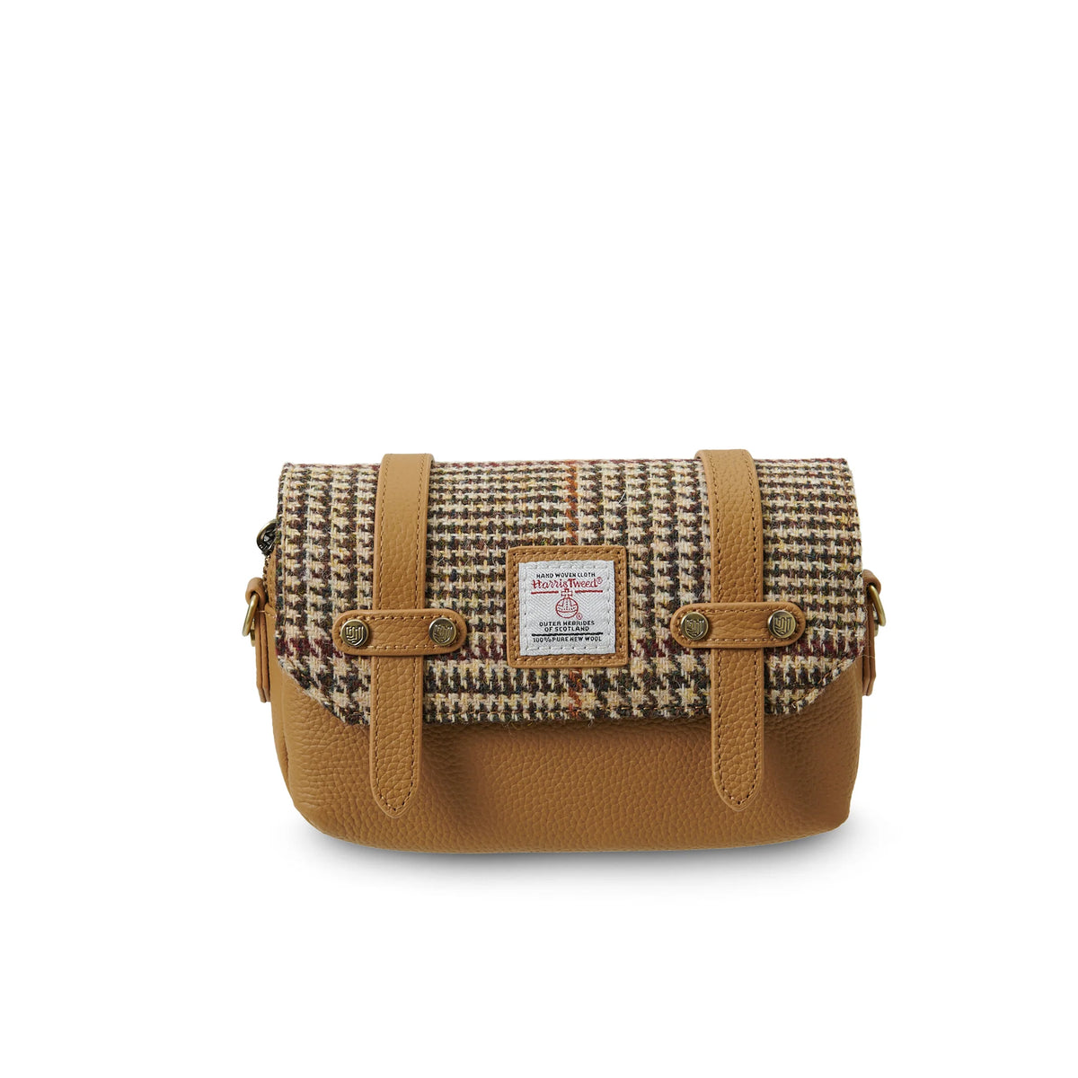 Brown and beige checkered bag with leather straps on a white background