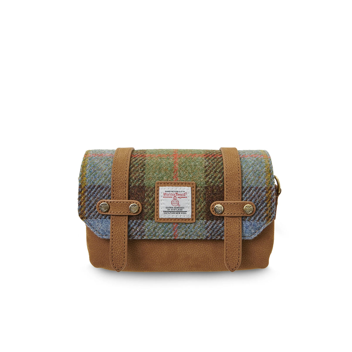 Plaid bag with brown straps and a visible brand label on a white background