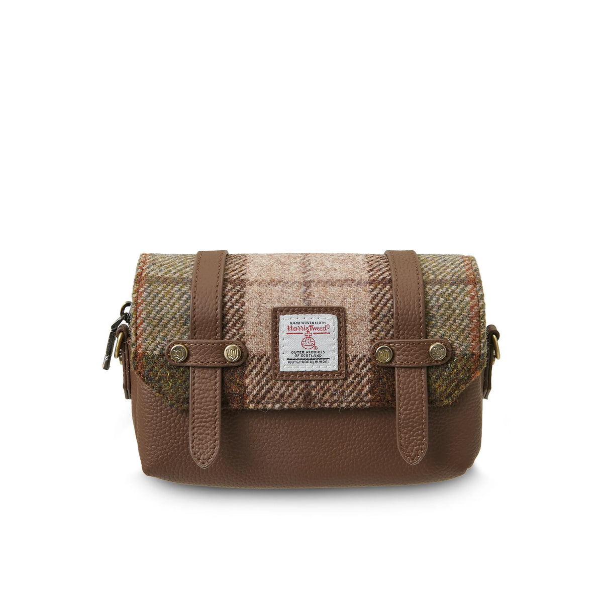 Brown leather and plaid fabric bag with a visible brand label on a white background