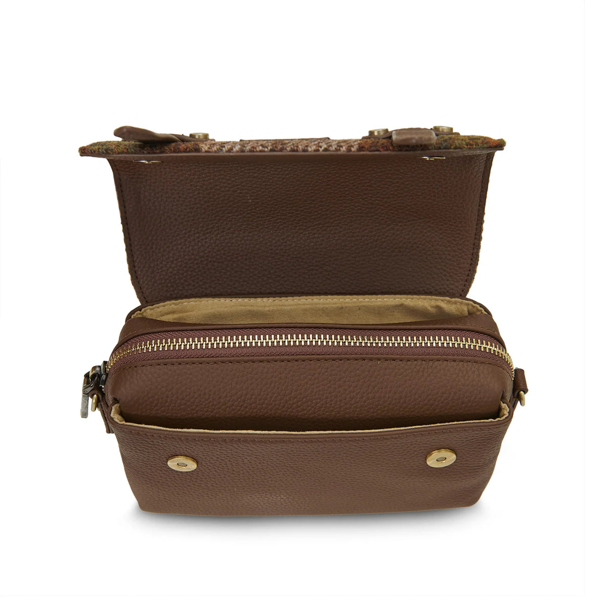 Brown leather handbag with gold zipper and hardware on a white background