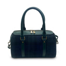 Black watch plaid tartan handbag with gold accents on a white background