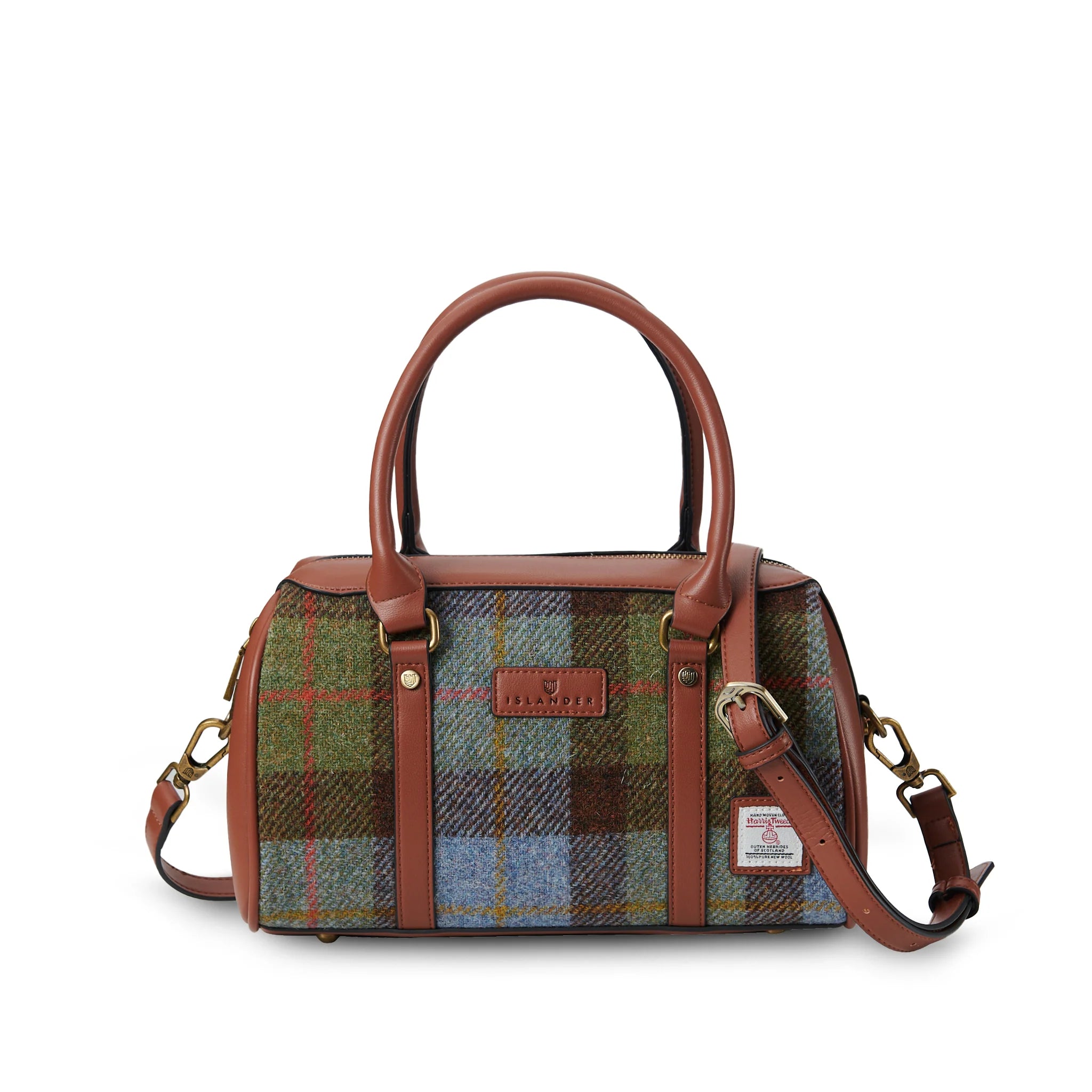 Plaid handbag with brown leather straps on a white background