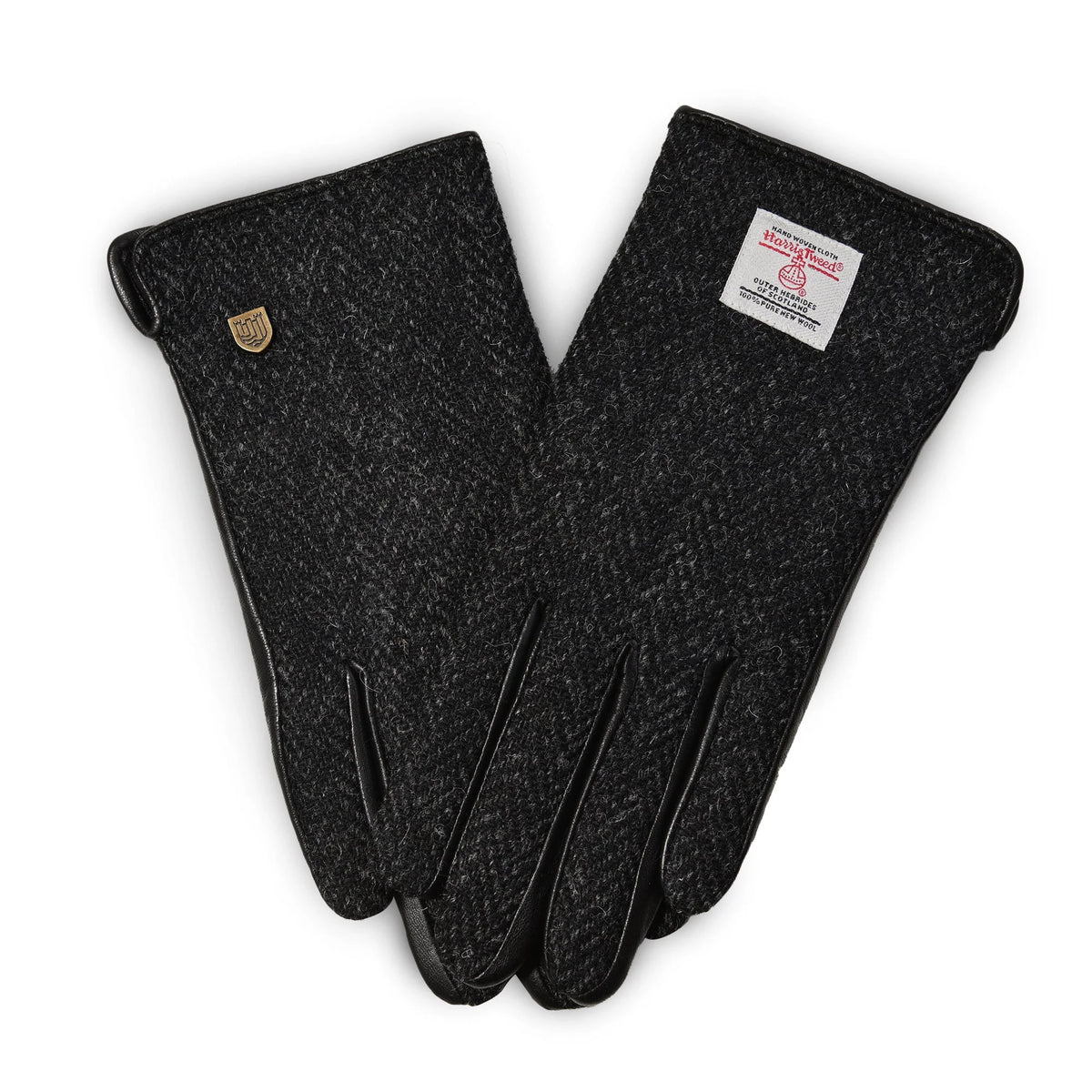 Pair of dark gray gloves with a brand label on a white background