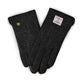 Pair of dark gray gloves with a brand label on a white background