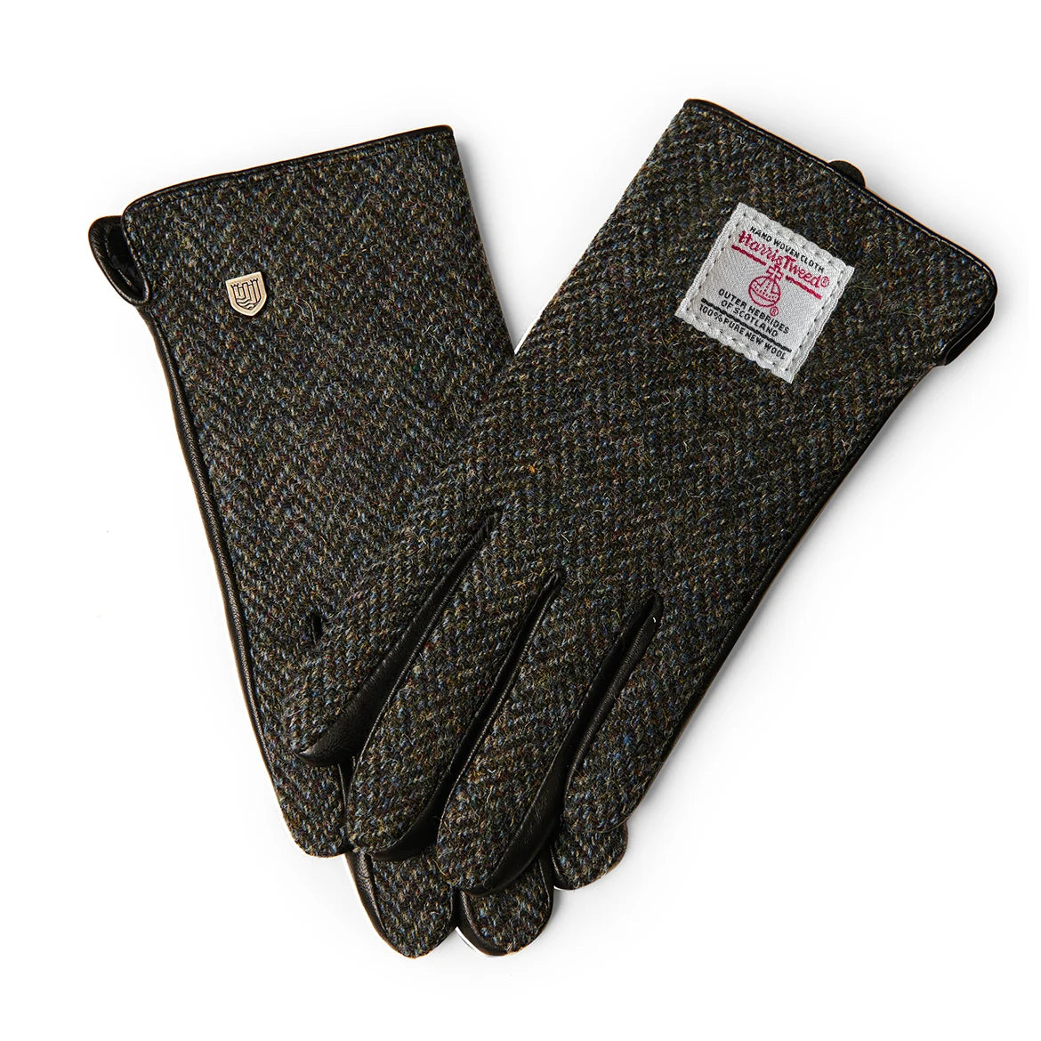 Pair of dark herringbone pattern gloves with brand label on a white background