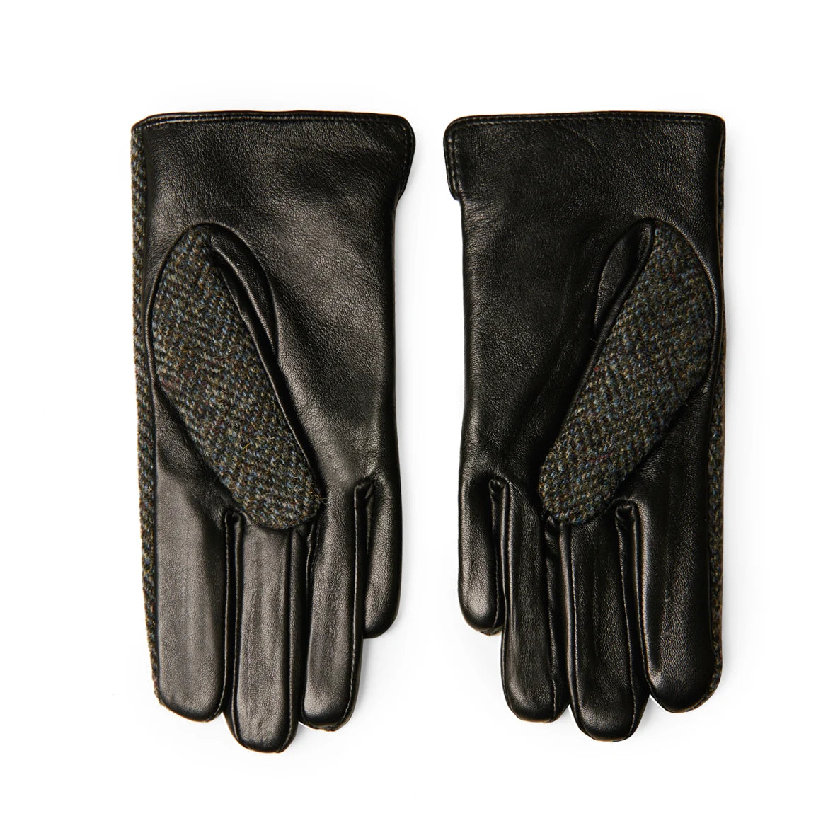Pair of black leather gloves with textured palm on a white background