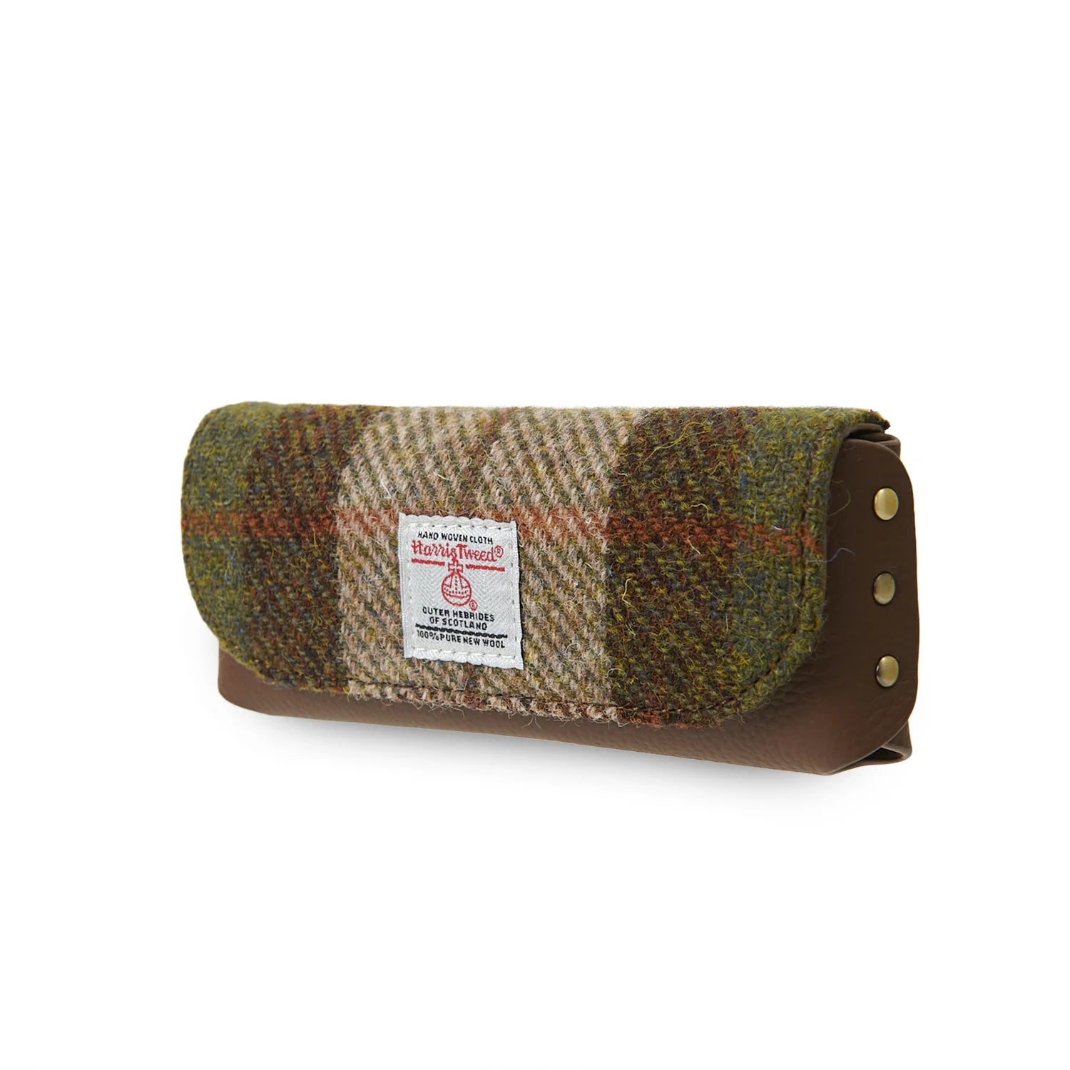 Plaid leather case with leather trim and a visible brand label on a white background