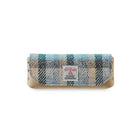 Blue tartan eyeglass case on a white background