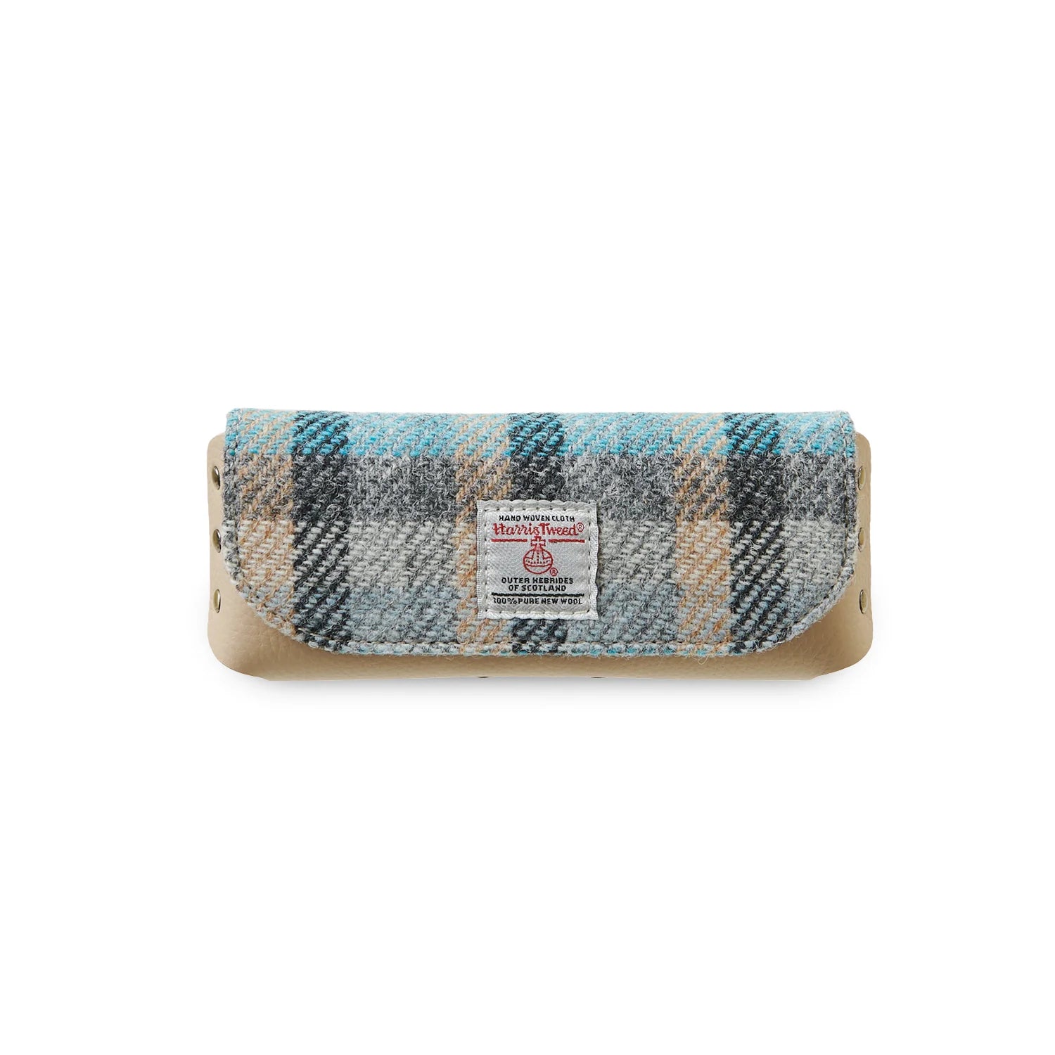 Blue tartan eyeglass case on a white background