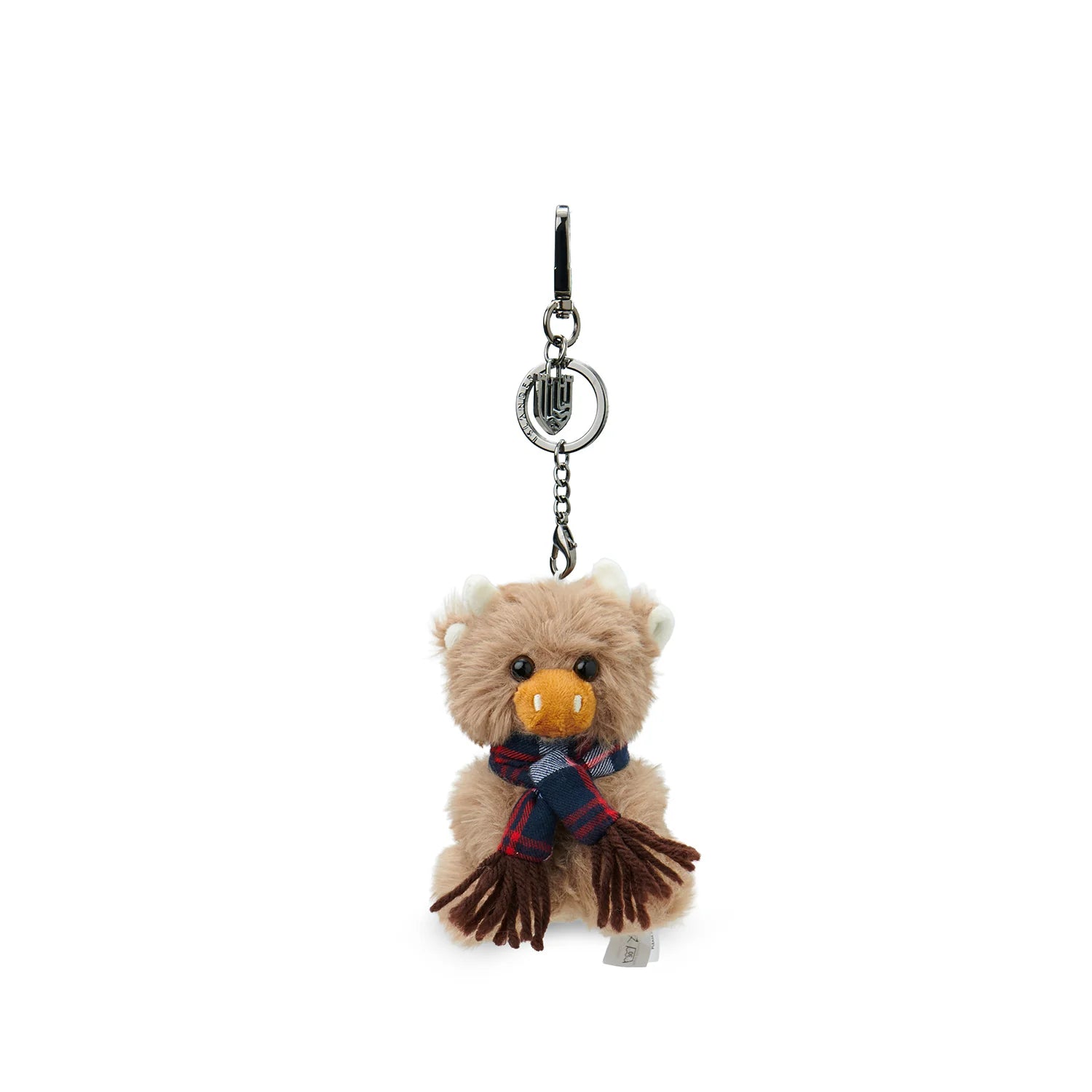 Plush Highland cow keychain with a scarf on a white background