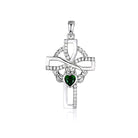 Silver Celtic cross & Claddagh pendant with a green heart stone on a white background