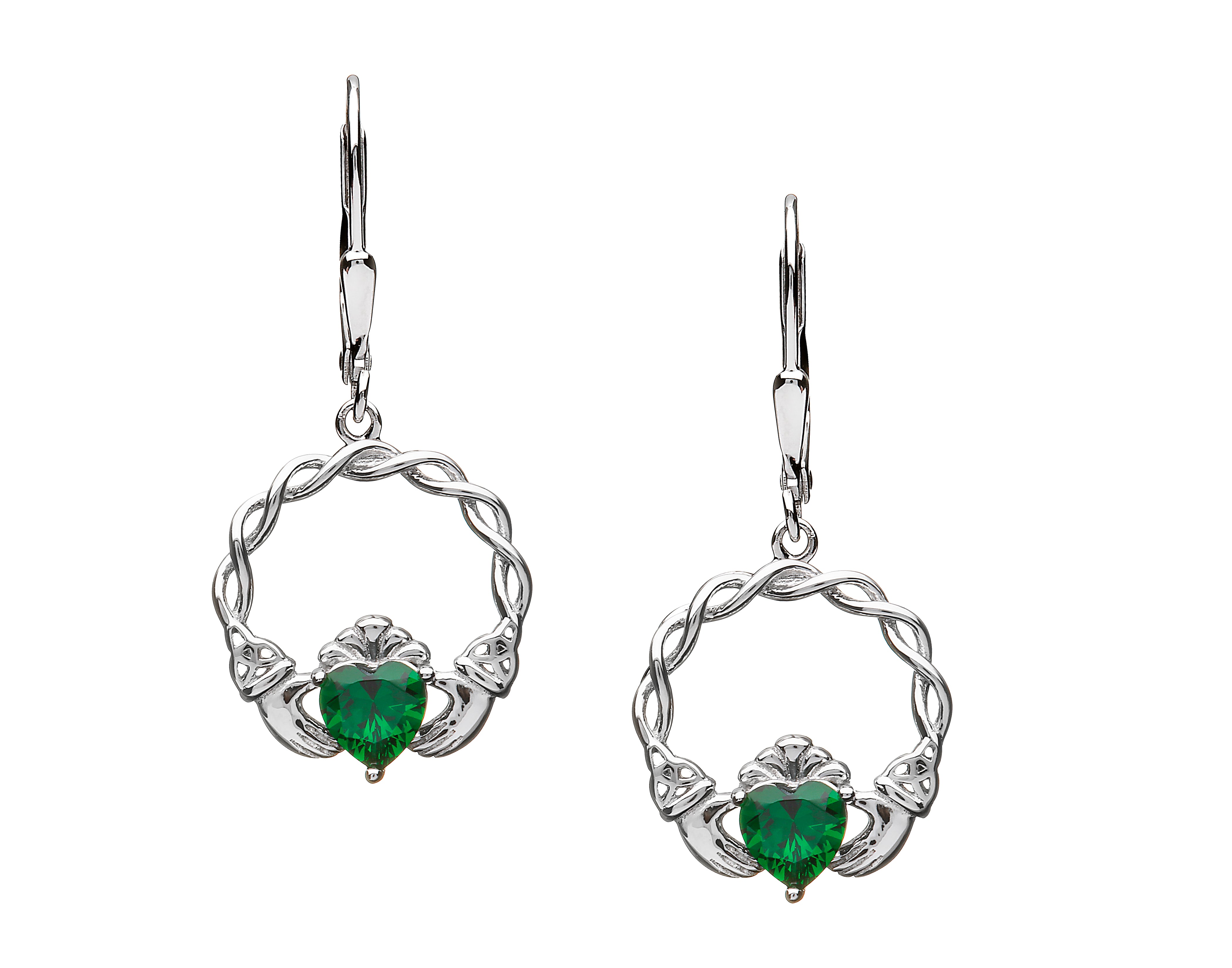 Silver earrings with green gemstones on a white background