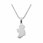 Silver necklace with a pendant shaped like map of Ireland on a white background
