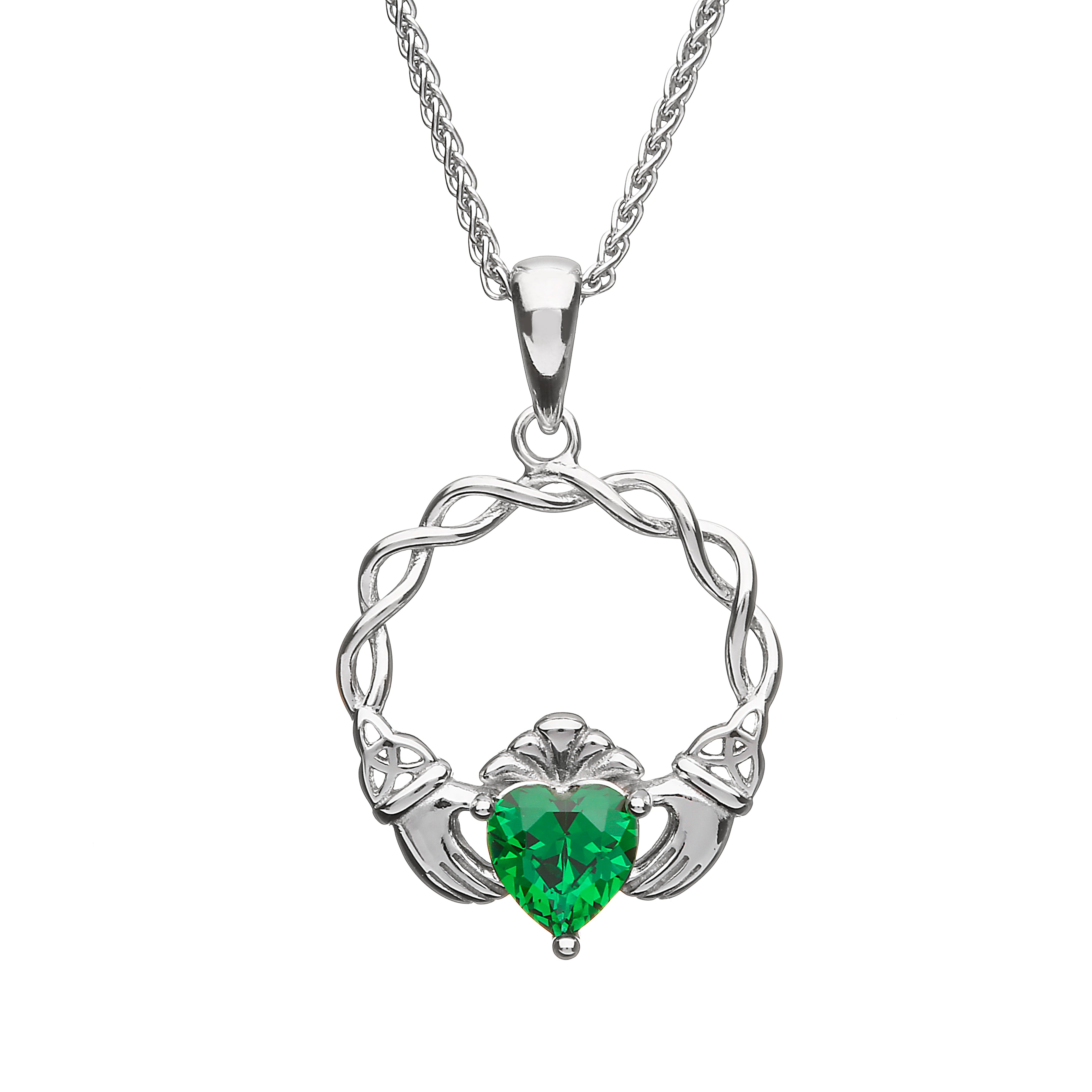 Silver pendant with green gemstone on a white background