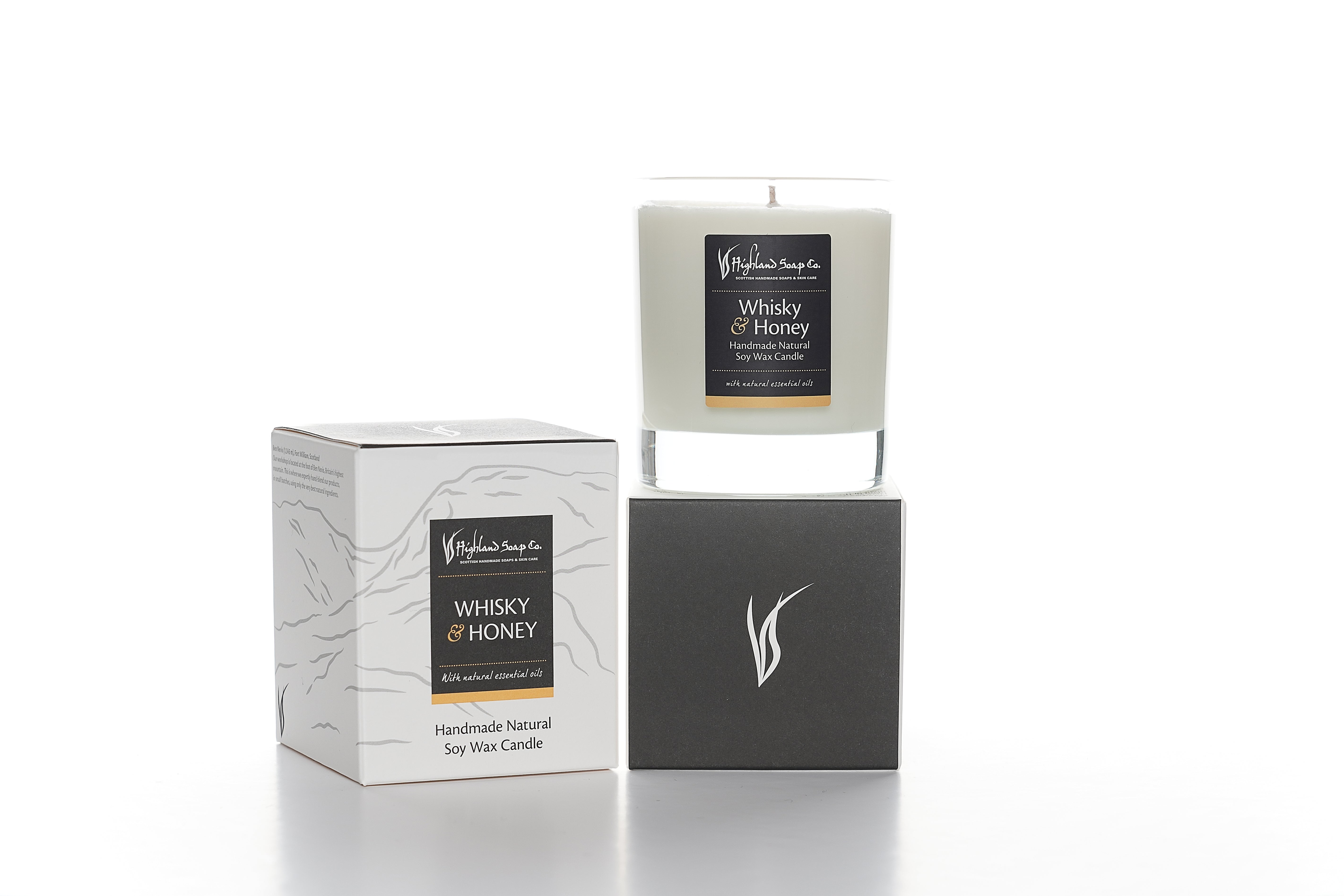 Whisky & Honey candle and packaging on a white background