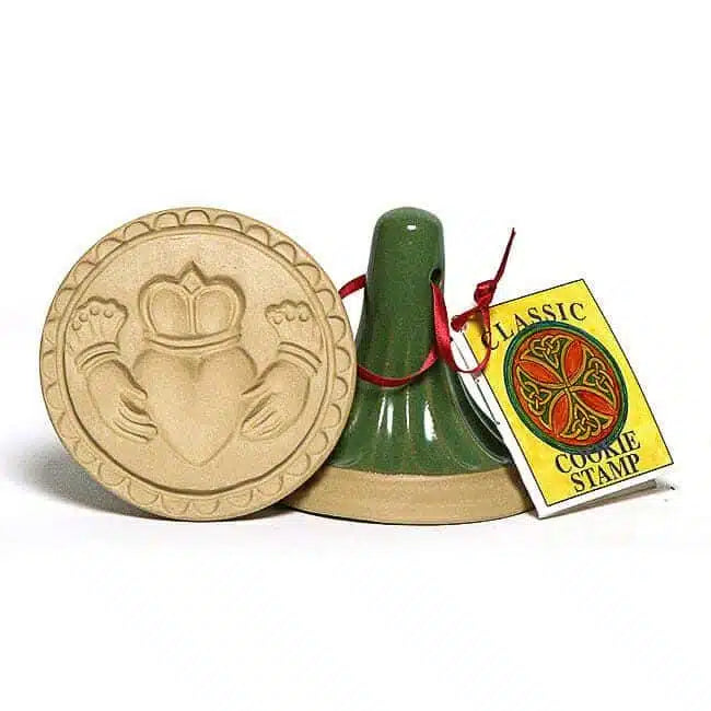 Claddagh Cookie stamp with a decorative tag on a white background
