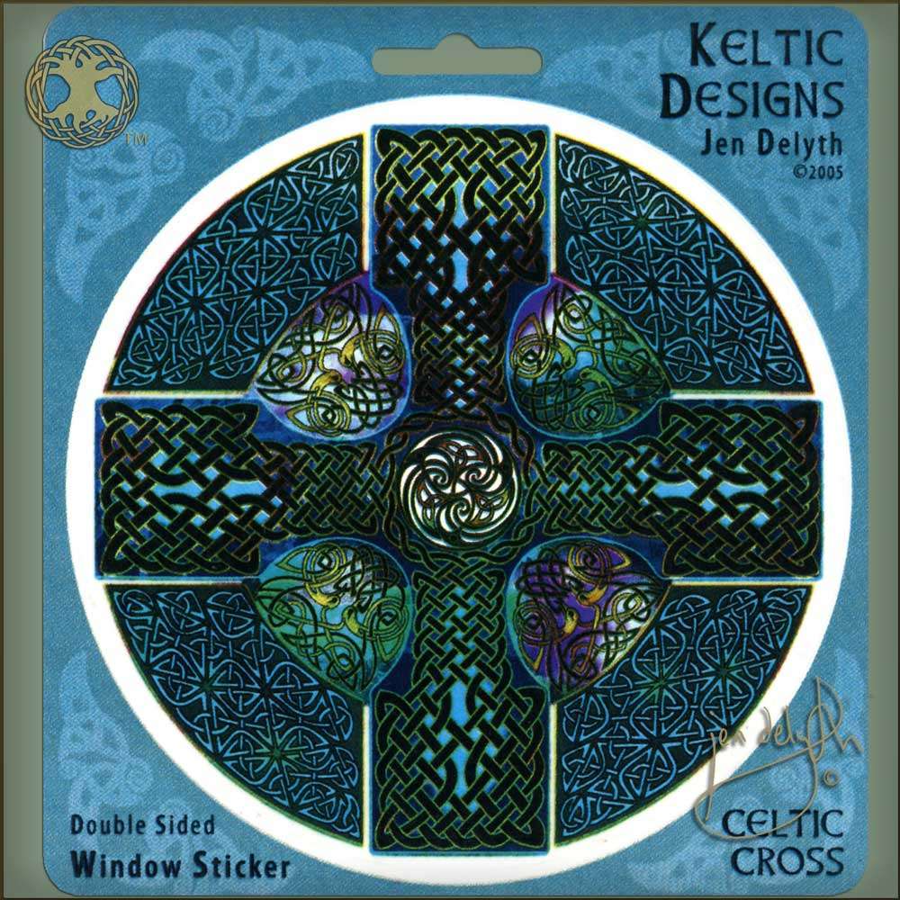 Keltic Designs Celtic Cross window sticker with decorative patterns on a blue background
