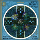 Keltic Designs Celtic Cross window sticker with decorative patterns on a blue background