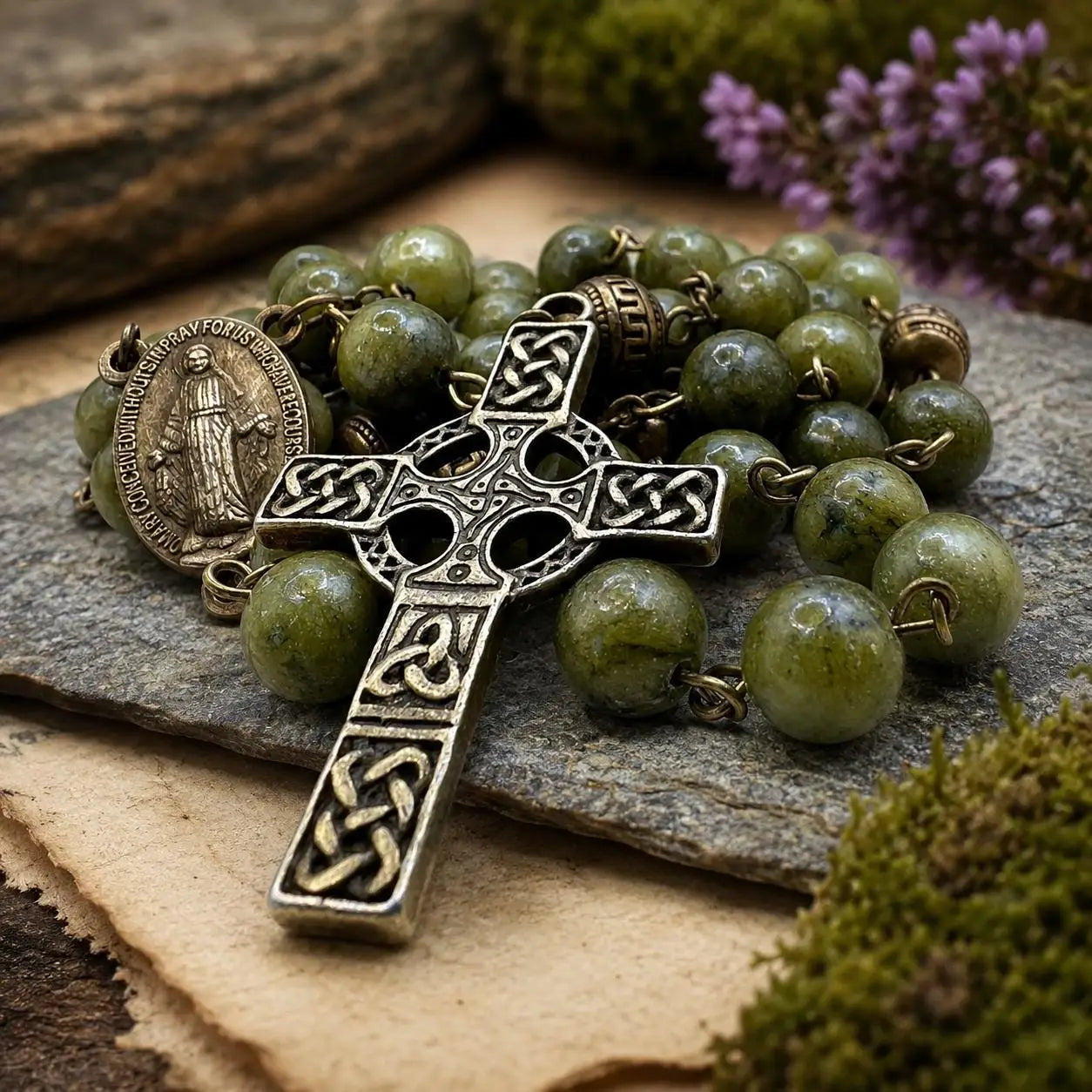 A green stone bead rosary with an ornate silver Celtic cross and a medallion, arranged on a stone slab with moss and dried flowers.