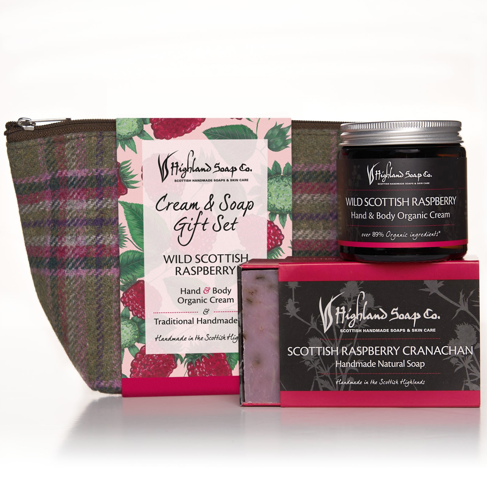 Highland Soap Co. gift set with cream, soap, and pouch on a white background