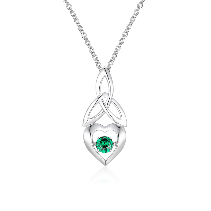 Silver necklace with a heart-shaped pendant featuring a green gemstone on a white background
