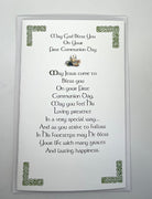 First Communion blessing card with text and decorative corners on a white background