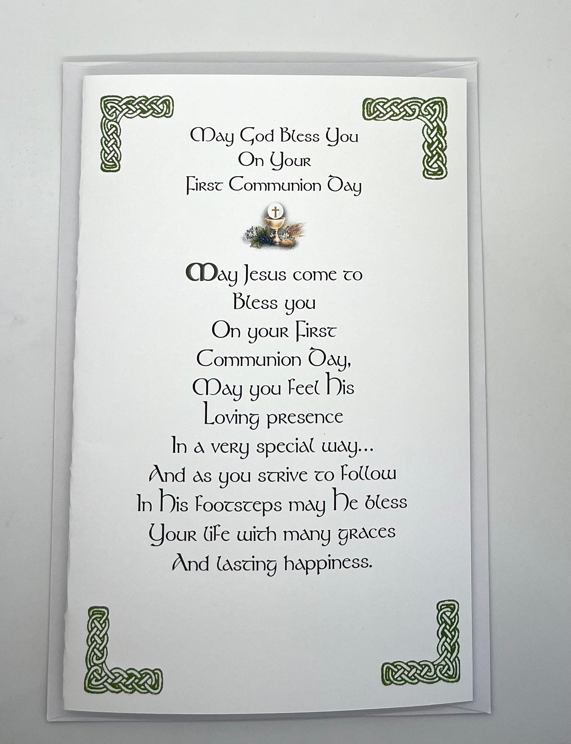 First Communion blessing card with text and decorative corners on a white background