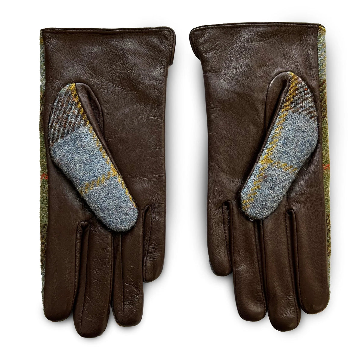 A pair of dark brown leather gloves with textured gray and yellow plaid woolen thumb patches, displayed side-by-side on a white background.