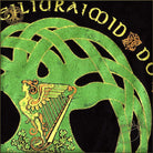 Decorative design with harp, woman, and text on a green and black background