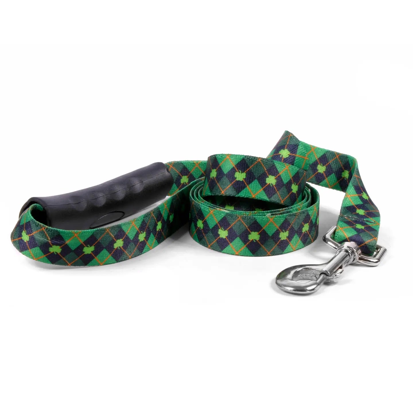 Green and blue plaid dog leash with a metal clip on a white background