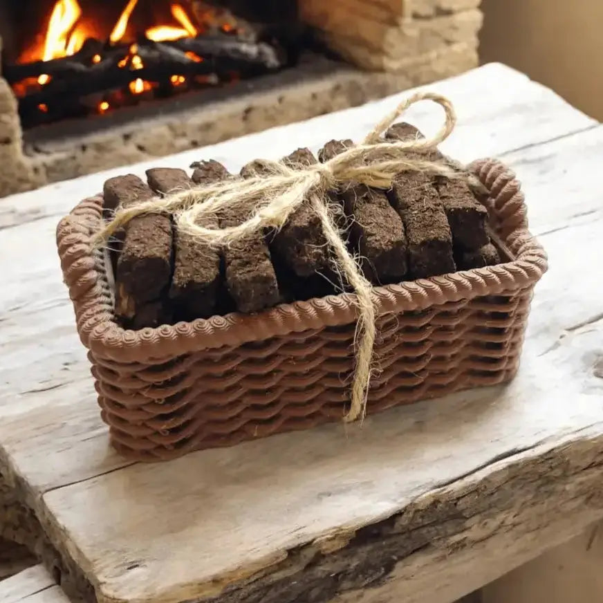 A small woven brown basket tied with natural twine, filled with dark brown rectangular firewood or briquettes, placed on a rustic wooden surface in front of a burning fireplace.