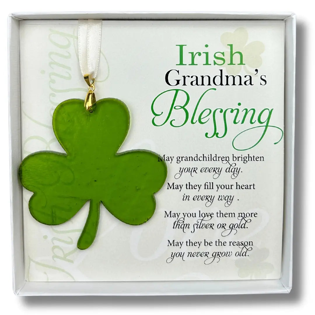 Green shamrock ornament with 'Irish Grandma's Blessing' text on a white background