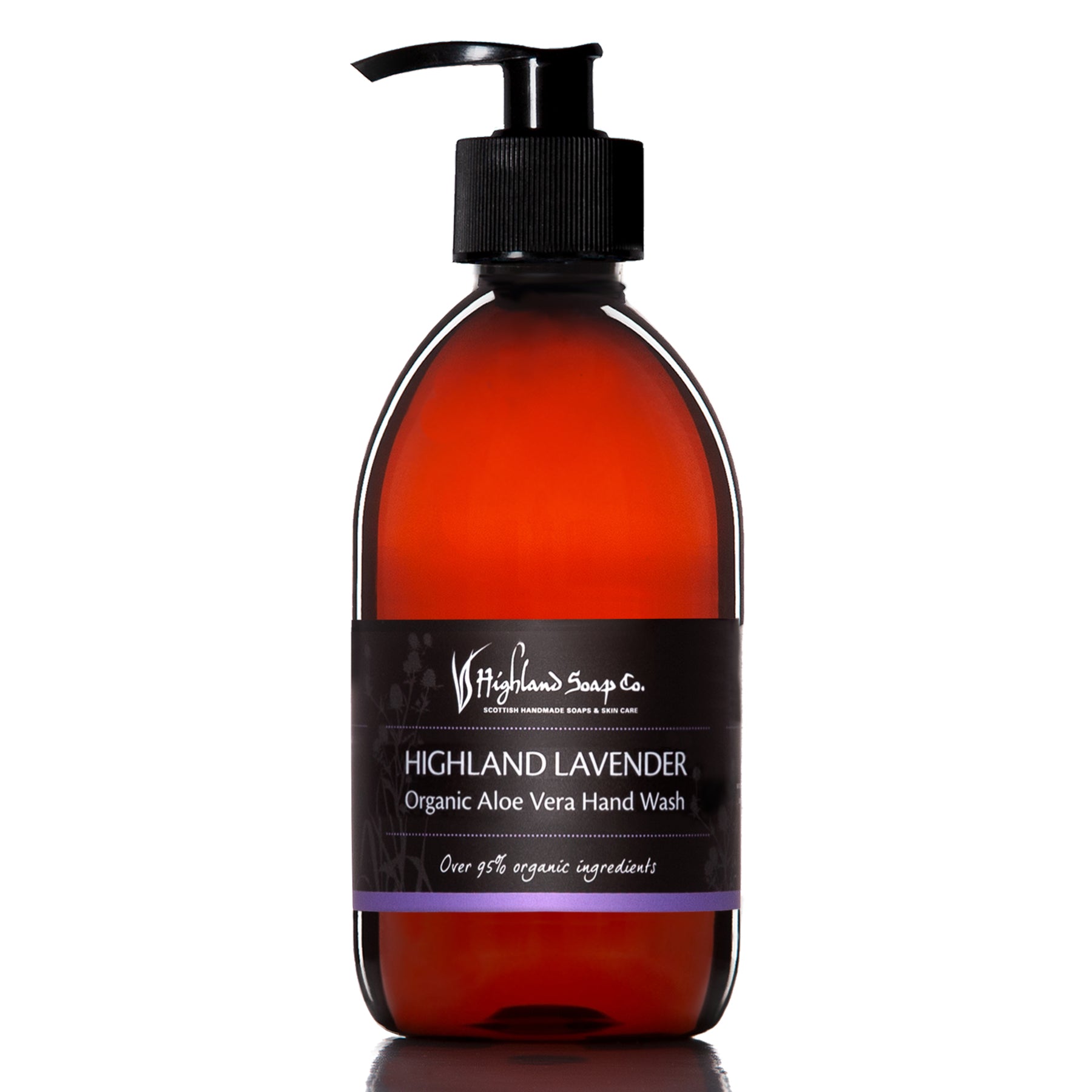 Bottle of Highland Lavender Organic Aloe Vera Hand Wash with pump on a white background