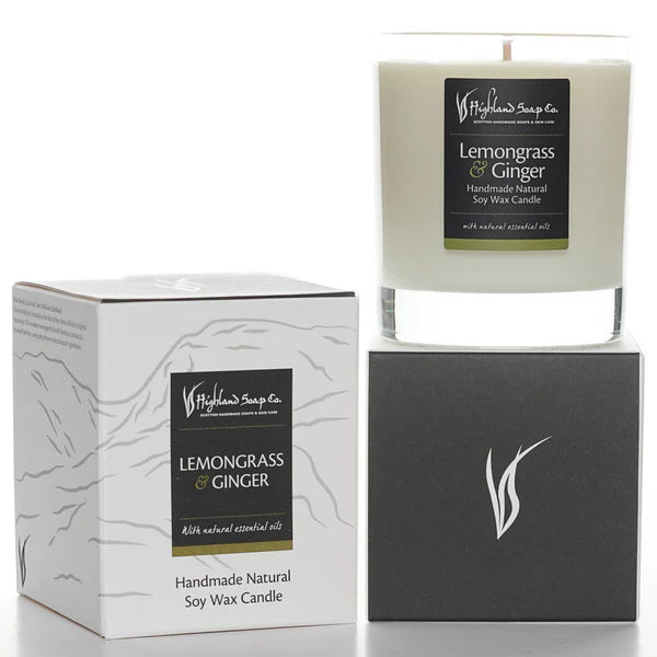 Lemongrass & Ginger candle and packaging on a white background