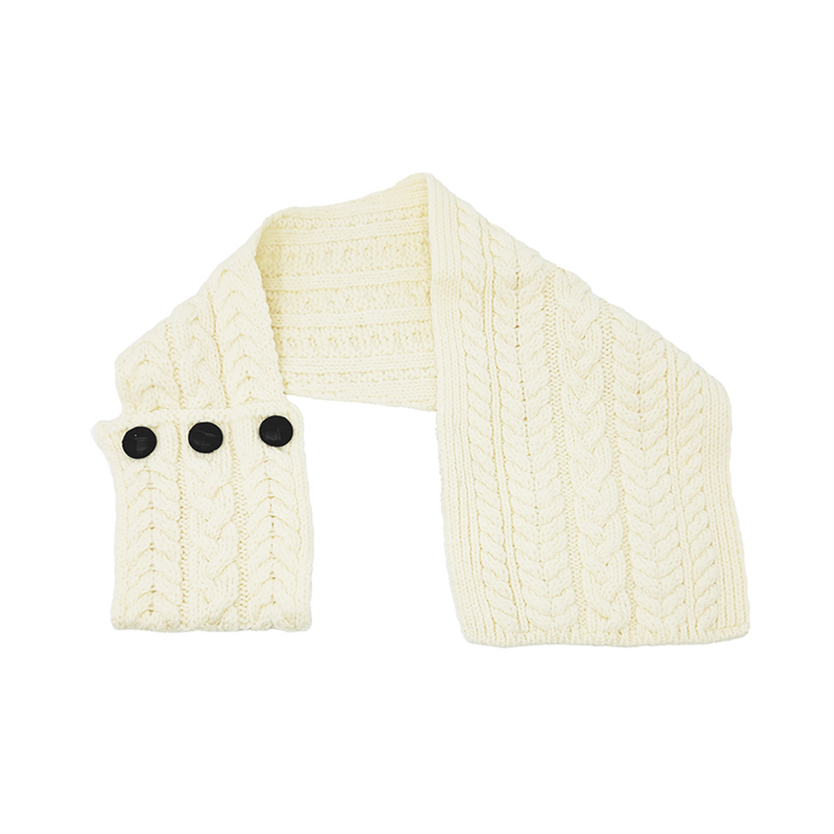 Cream-colored knitted scarf with button details on a white background