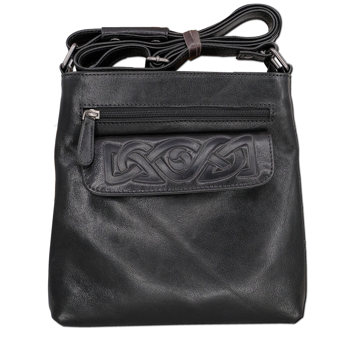 Black leather crossbody bag with Celtic knot design on a white background