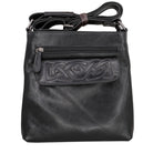 Black leather crossbody bag with Celtic knot design on a white background