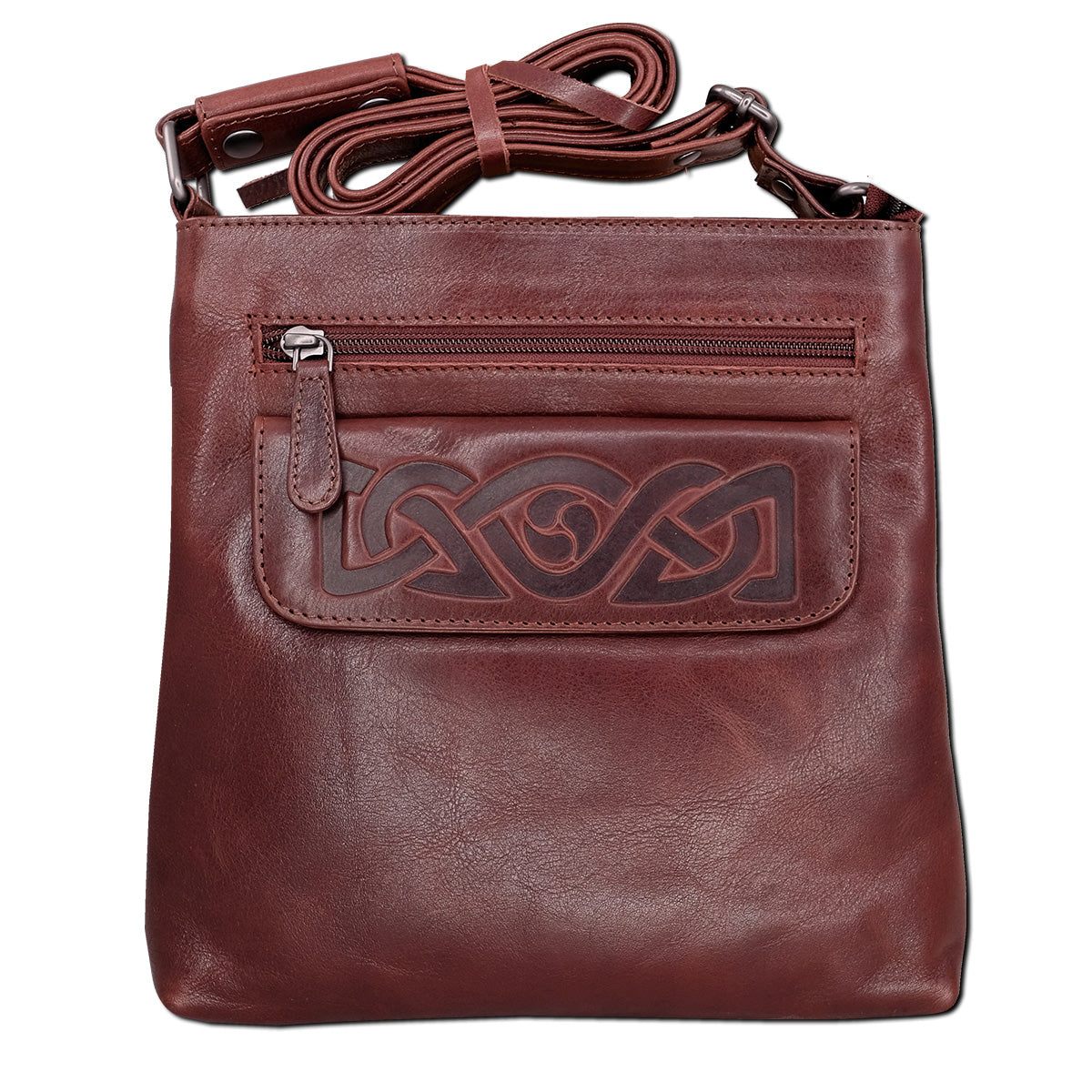 Brown leather crossbody bag with Celtic knot design on a white background