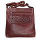 Brown leather crossbody bag with Celtic knot design on a white background