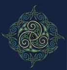Decorative design with interlocking spirals on a dark blue background