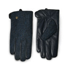 A pair of dark navy blue gloves shown side by side on a white background, displaying both the herringbone patterned fabric and the smooth leather palm side.