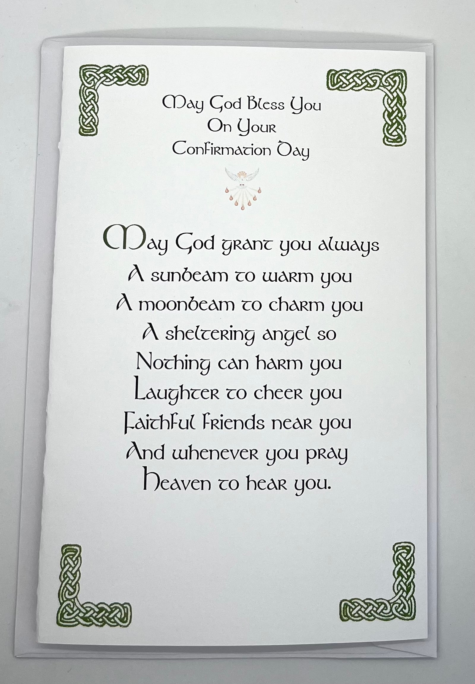 Greeting card with Confirmation Day message and decorative corners on a white background